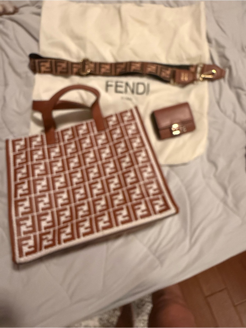Fendi Brown and White FF Monogram Tote with Matching Brown Accessories